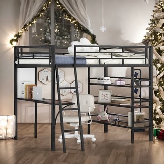 Modern Full Size Loft Bed with 3 Layers of Shelves and Desk with Whiteboard and Metal Frame for Bedroom