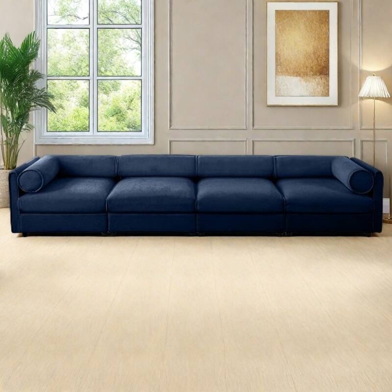 Modern Chenille 6-Seater Sofa with Ottoman Storage, Hidden Storage, Cylindrical Cushioned Arms and Backrest - 4 Seater Blue