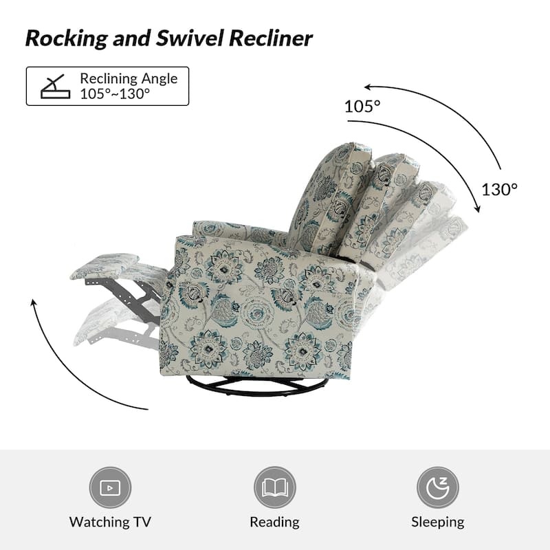 Roderich Farmhouse Floral Print Swivel Rocker Recliner with Rolled Arms by HULALA HOME