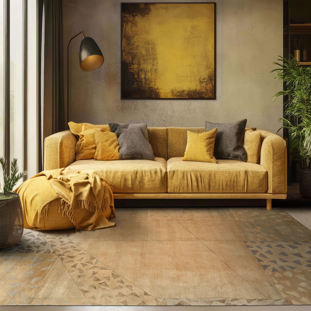 6x8'11'' Tibetano Hand Knotted Wool Beige Modern & Contemporary Art Deco Rug - 6' x 8' 11''