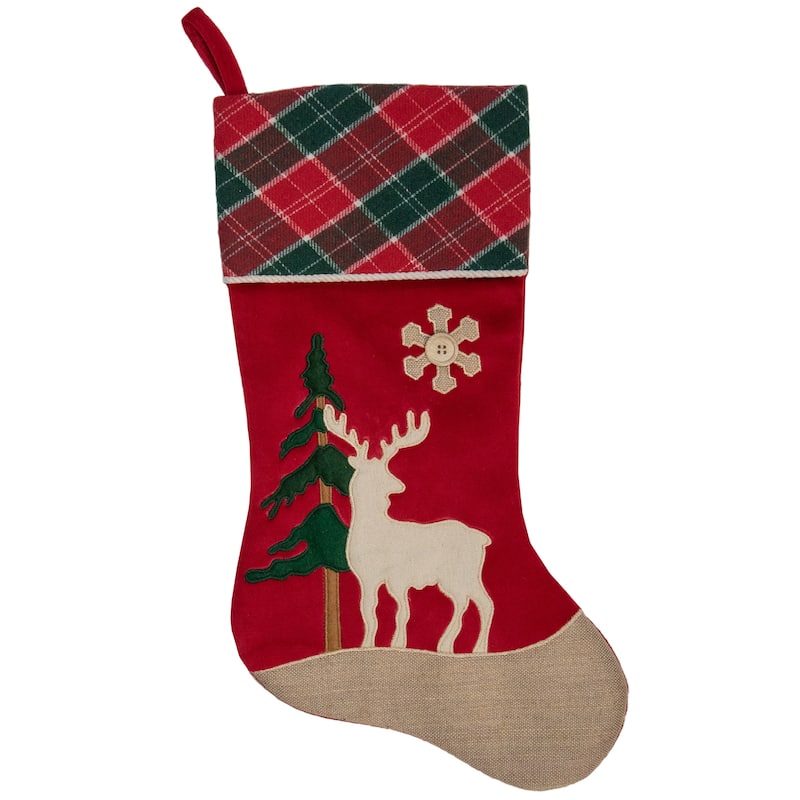 20.5-Inch Red and Green Plaid Christmas Stocking with a Pine Tree and Moose - 20.5"
