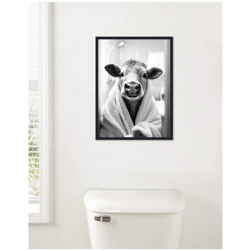 Kate and Laurel Sylvie Cow Bathroom Art Towel Robe Black and White Framed Canvas by The Creative Bunch Studio
