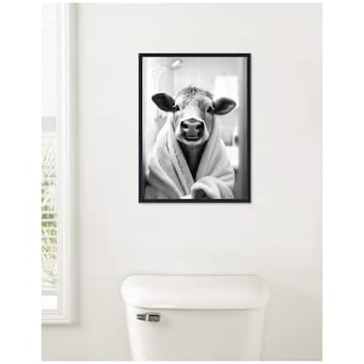 Kate and Laurel Sylvie Cow Bathroom Art Towel Robe Black and White Framed Canvas by The Creative Bunch Studio