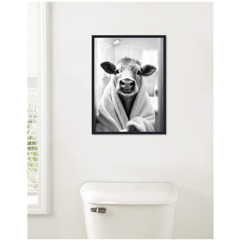 Kate and Laurel Sylvie Cow Bathroom Art Towel Robe Black and White Framed Canvas by The Creative Bunch Studio