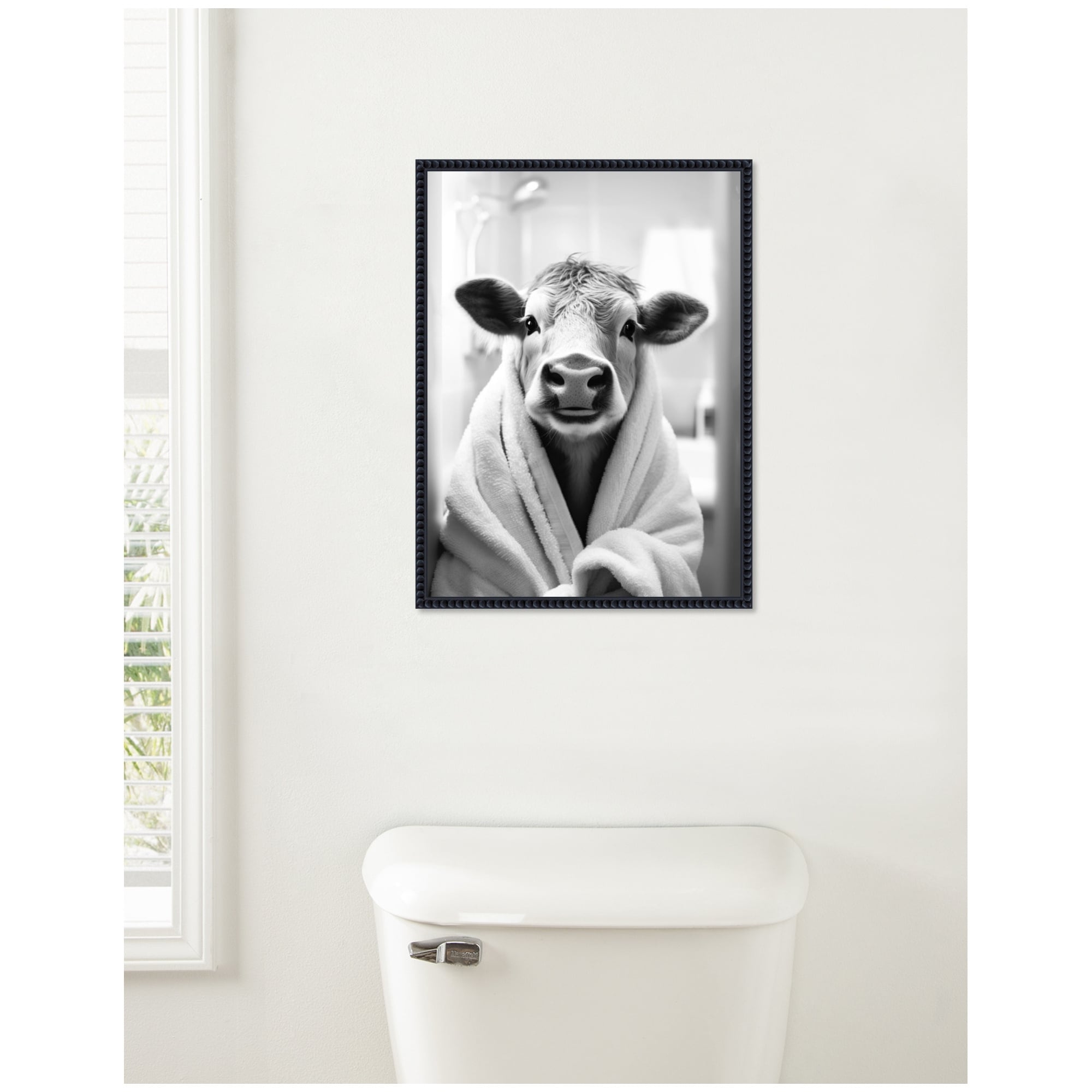 Kate and Laurel Sylvie Cow Bathroom Art Towel Robe Black and White Framed Canvas by The Creative Bunch Studio