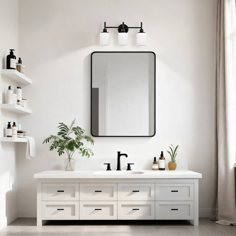 21 in. 3-Light Matte Black Finish Vanity Light with White Glass Shades - 21.6 in. L x 6.75 in. W x 10.6 in. H