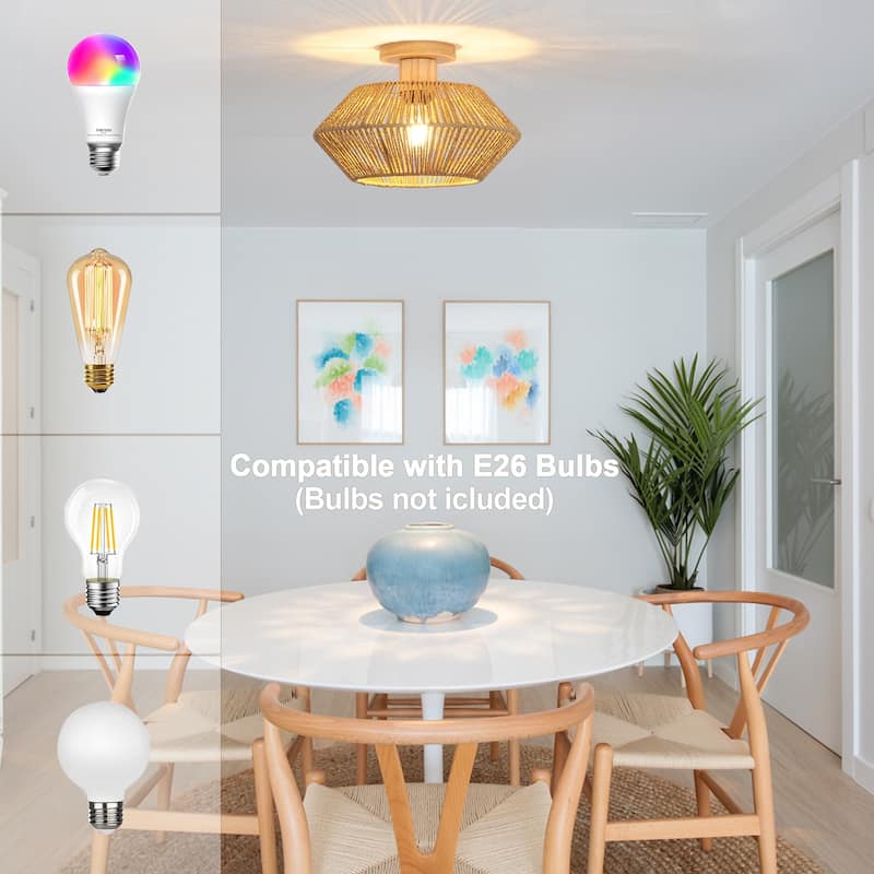 Boho 1-Light Semi-Flush Mount Chandelier with Drum Shade for Living Room Kitchen Island Dining Foyer - W12.6"x H5.71"