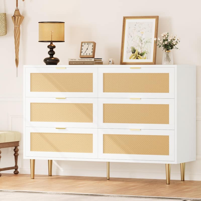6 Drawer Rattan Dresser for Bedroom, Wide Double Dresser Chest of Drawers - White