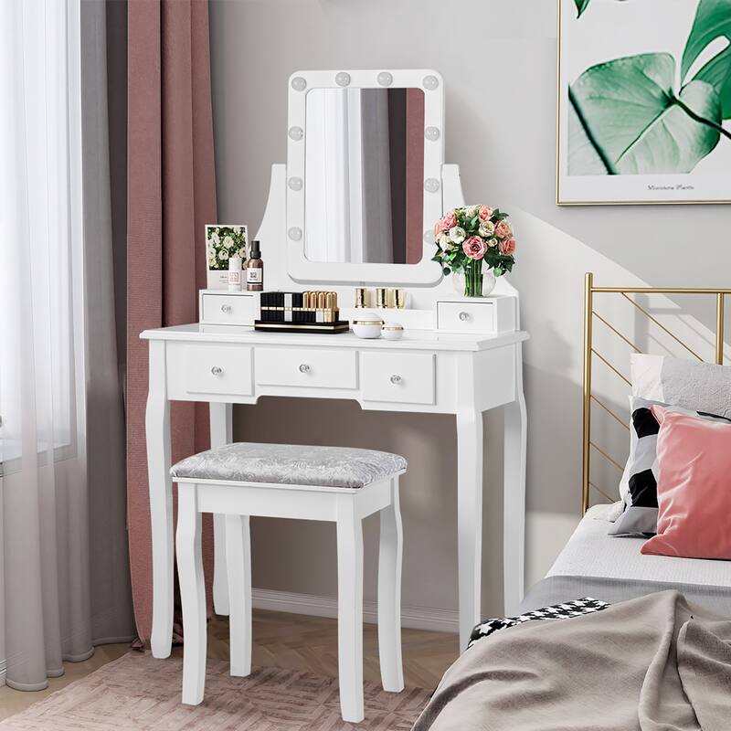 Costway Vanity Dressing Table Set w/ 10 Dimmable Bulbs Touch Switch