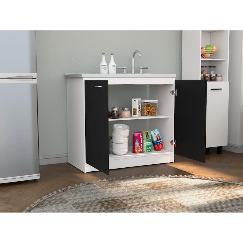 Utility Sink With Cabinet, Double Door, One Shelf -White / Black