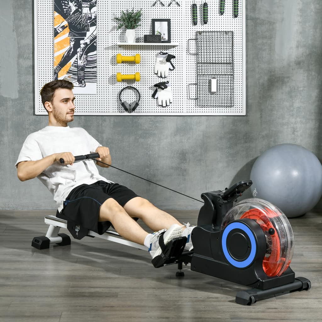 Soozier Foldable Water Rowing Machine with Wheels, LCD Monitor and Tablet Holder for Home Cardio Training, White
