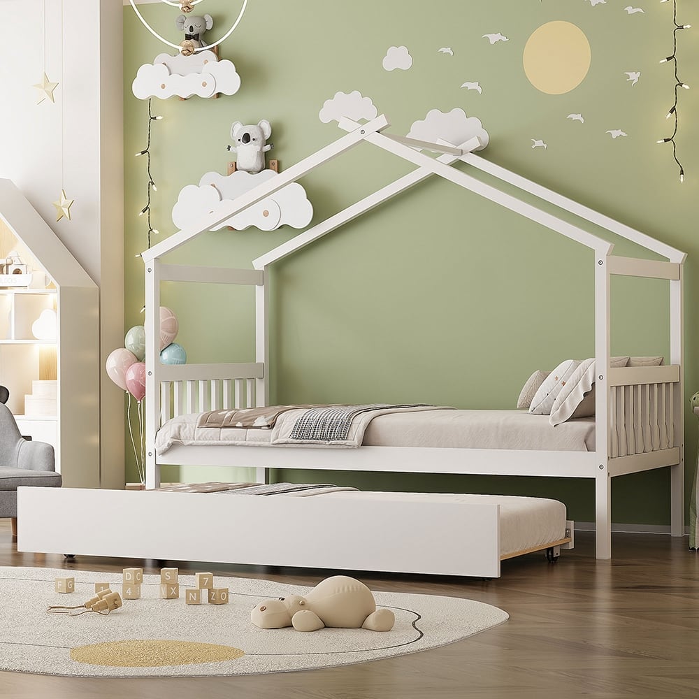 Creativity House Bed Twin/ Full Size Frame with Trundle for Boys Girls, Wood Platform Bed with Roof No Box Spring Needed