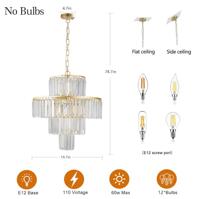 20" Luxury 4-Tier Crystal Chandelier, 12-Light Gold Frame Pendant Light, Elegant Ceiling Lighting for Living Room