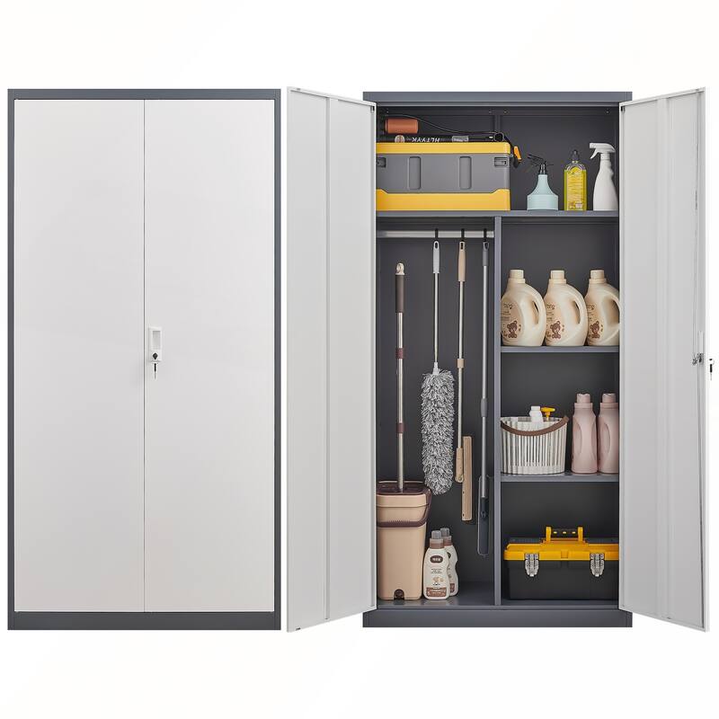 Gray Metal Large-Capacity Wardrobe with Hanging Rod and Locks for Bedroom and Living Room