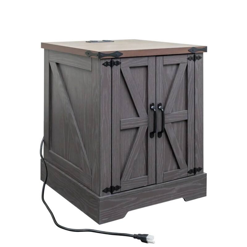 Farmhouse Nightstand with Charging Station, Rustic Bedside Table with Shelf