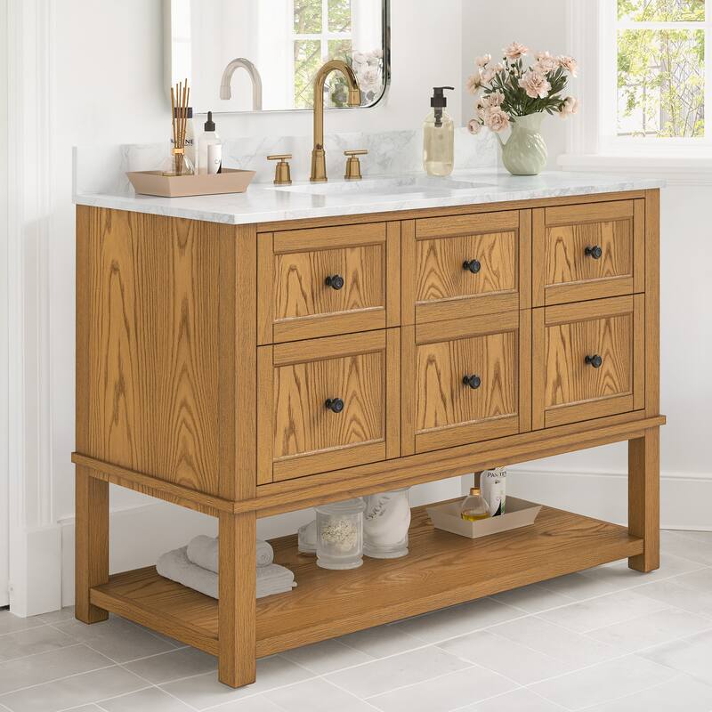 48" Bathroom Vanity with Sink, Marble Countertop Single Bathroom Vanity with 6 Drawers, White