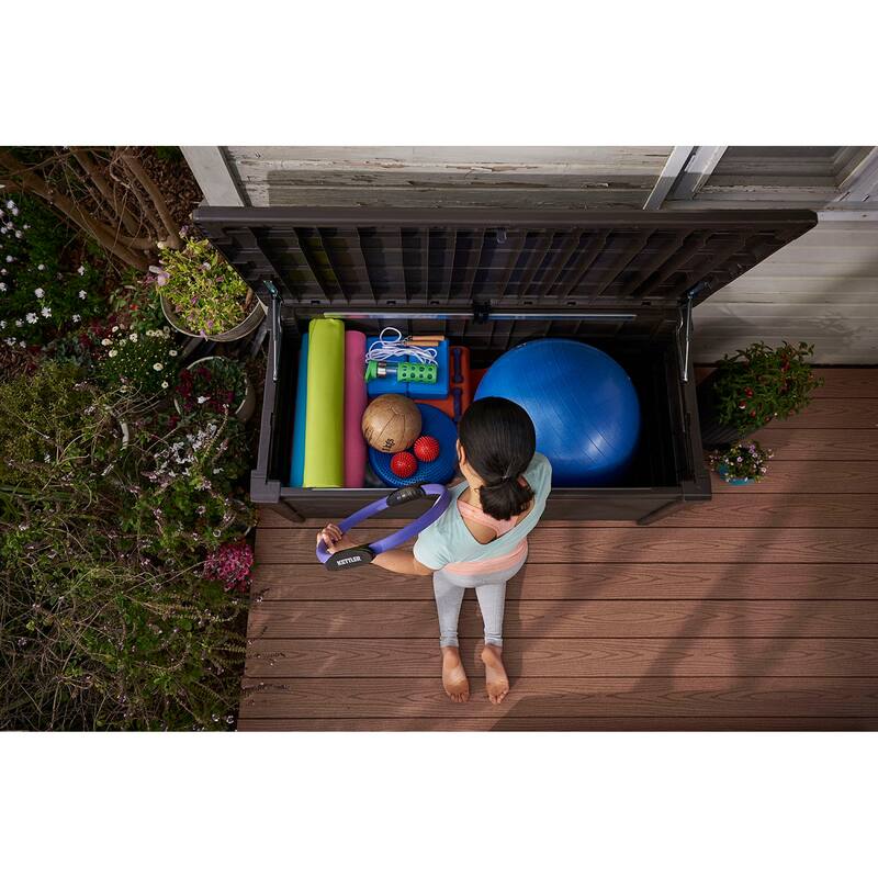 Keter Brightwood 120 Gallon Large Durable Resin Outdoor Storage Deck Box For Furniture and