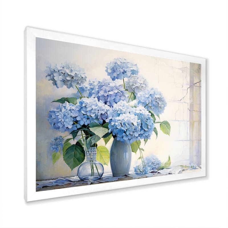 Designart "Blue Hydrangea Farmhouse Still Life " Hydrangea Framed Canvas Wall Art