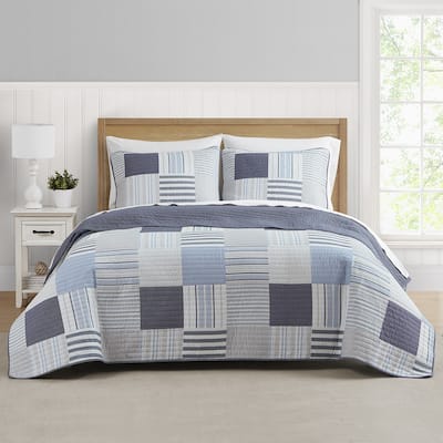 DESIGN STUDIO Lido Patch Blue/Grey Cotton Quilt Set