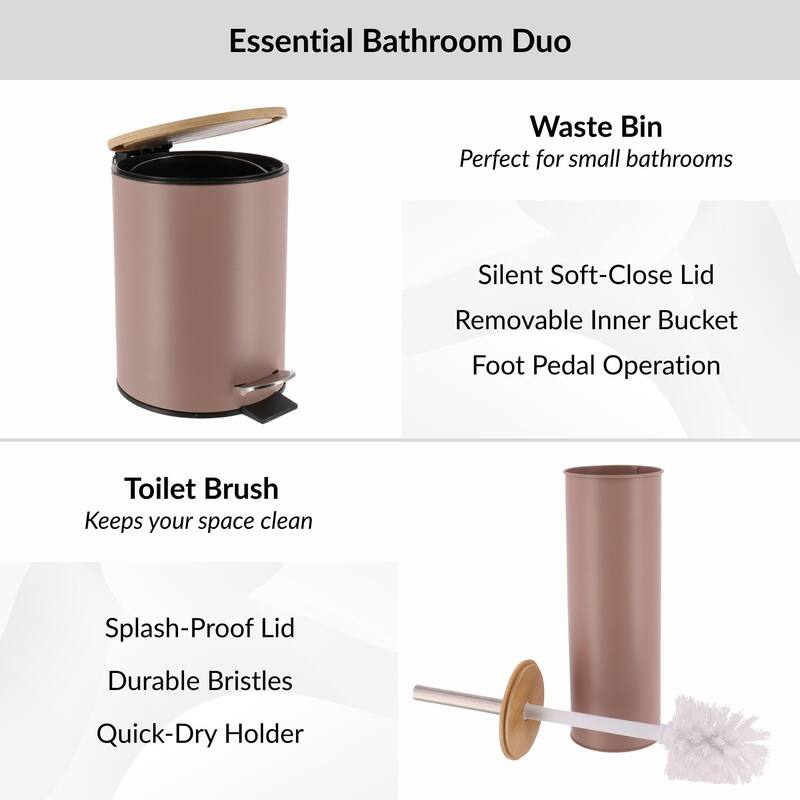 Bathroom Set with Bamboo Lid - Matte Metal Trash Can and Toilet Brush - 15.6" H x 11" L x 11" W