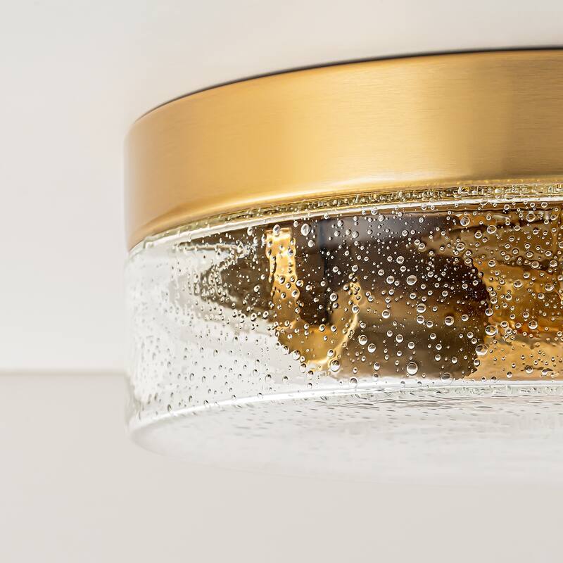 2-Light Gold/Bronze Modern Farmhouse Industrial Dimmable Dome Round Flush Mount Light with Seeded Glass Shade