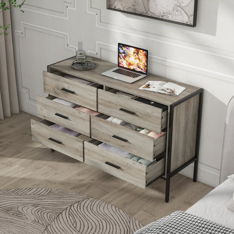 GDF Studio - Wyndham Rustic Grey 6-Drawer Dresser with Steel Frame, Wide Wooden Storage Organizer - Gray