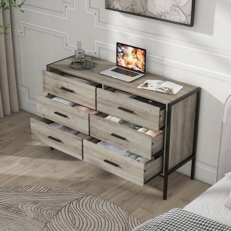 Wood Dresser with 6 Drawers, Solid Clothes Cabinet with Sturdy Steel Frame, 48.58"W×15.75"D×31.22"H, 48 inch, Rustic Grey - Gray