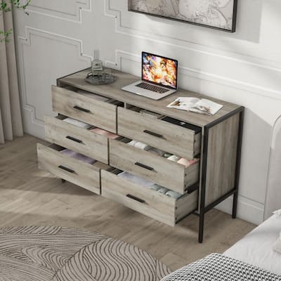Wood Dresser with 6 Drawers, Wooden Storage Closet for Bedroom, Solid Clothes Cabinet with Sturdy Steel Frame