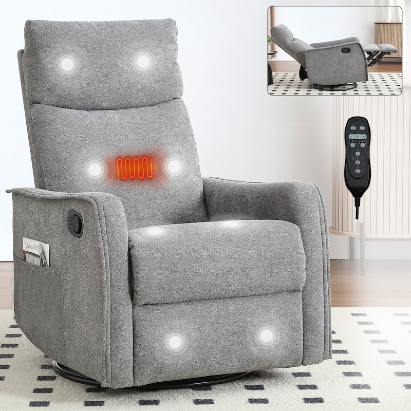 Heat Massage Manual Recliner Chair, 360° Swivel Glider Fabric Rocker