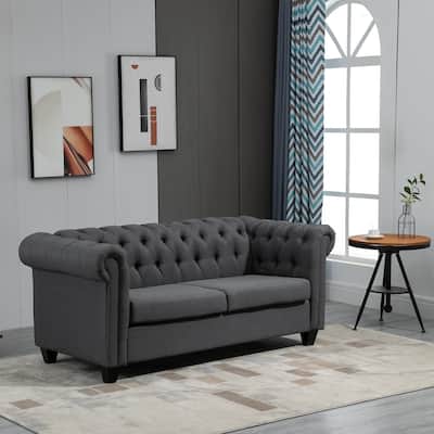 HOMCOM Retro 2-Seater Sofa Linen Fabric Couch with Rubberwood Legs, and Rolled Arms for Living Room, Grey - 32*72.75*30.75