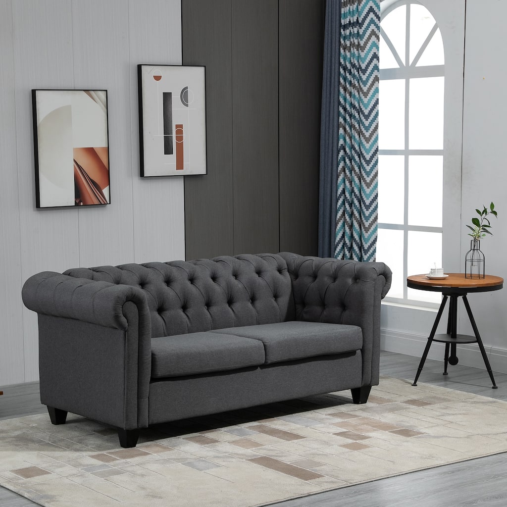 HOMCOM Retro 2-Seater Sofa Linen Fabric Couch with Rubberwood Legs, and Rolled Arms for Living Room, Grey - 32*72.75*30.75