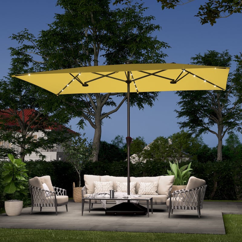 LIVOOSUN 11x7Ft/10x6.5ft LED Large Double-Sided Rectangular Outdoor Patio Market Umbrella with Crank, Navy Blue - Yellow