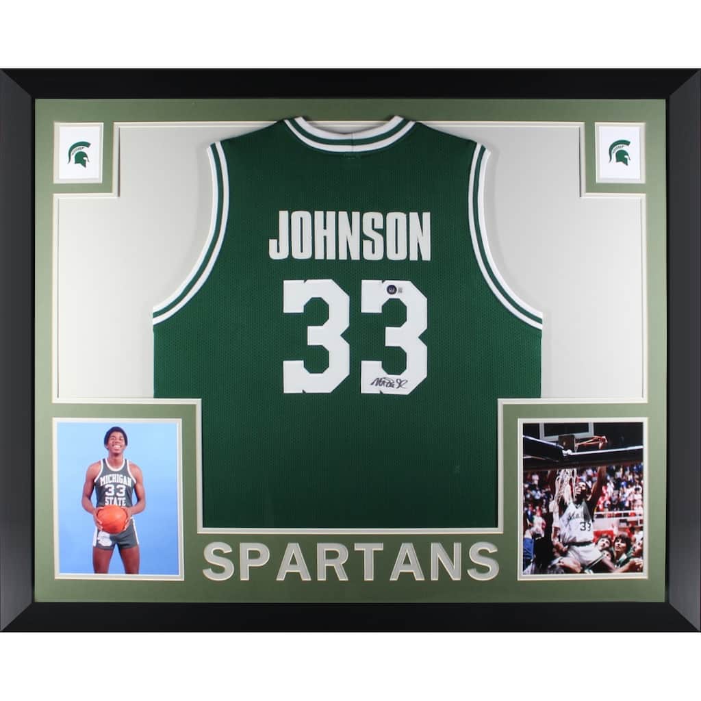 Magic Johnson Autographed College Style Green Signed Basketball Framed Jersey Beckett COA - 8'6" x 11'6"