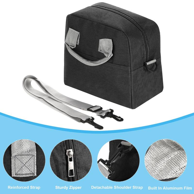 Lunch Bag Tote Bag with Strap for Work Picnic 11.4"x6.3"x9.1", Black