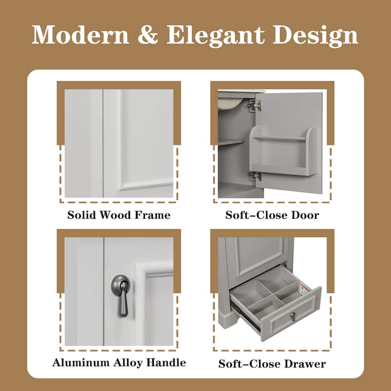 20" Bathroom Vanity with Ceramic Sink, Soft-Close Door, Drawer, Adjustable U-Shaped Shelf, Modern Freestanding Design