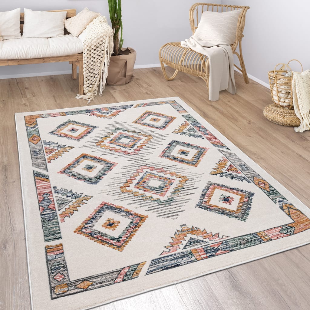 Boho Rug Cream with Modern Pastel Scandi Diamond Pattern Ethnic Design