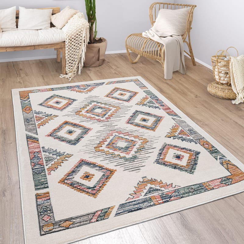 Boho Rug Cream with Modern Pastel Scandi Diamond Pattern Ethnic Design - 7'10" x 11'2"