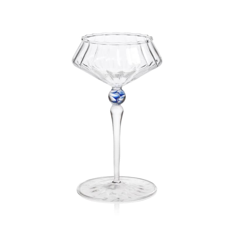 Ondine 4-Piece Set Fluted Coupe Glasses - Clear w/ Royal Azure Accent