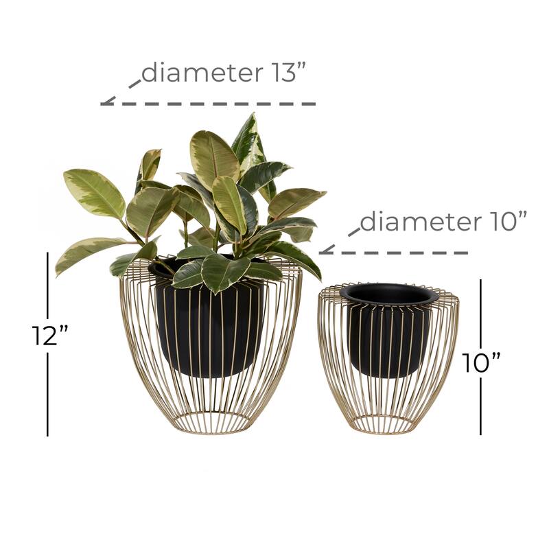 Metal Planter with Removable Gold Wire Stand - Set of 2 Black - Roche River Decor - 13"W x 13"L x 12"H