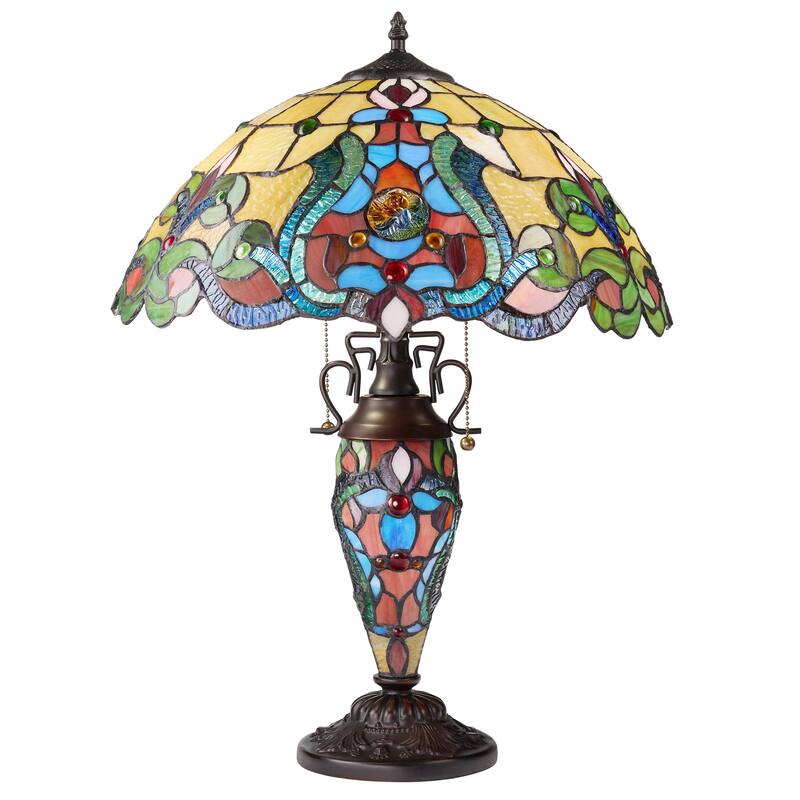 River of Goods Double Lit Stained Glass 24-Inch Table Lamp - 17" x 17" x 24" - 17" x 17" x 24" - Amber/Red/Blue/Green/Bronze