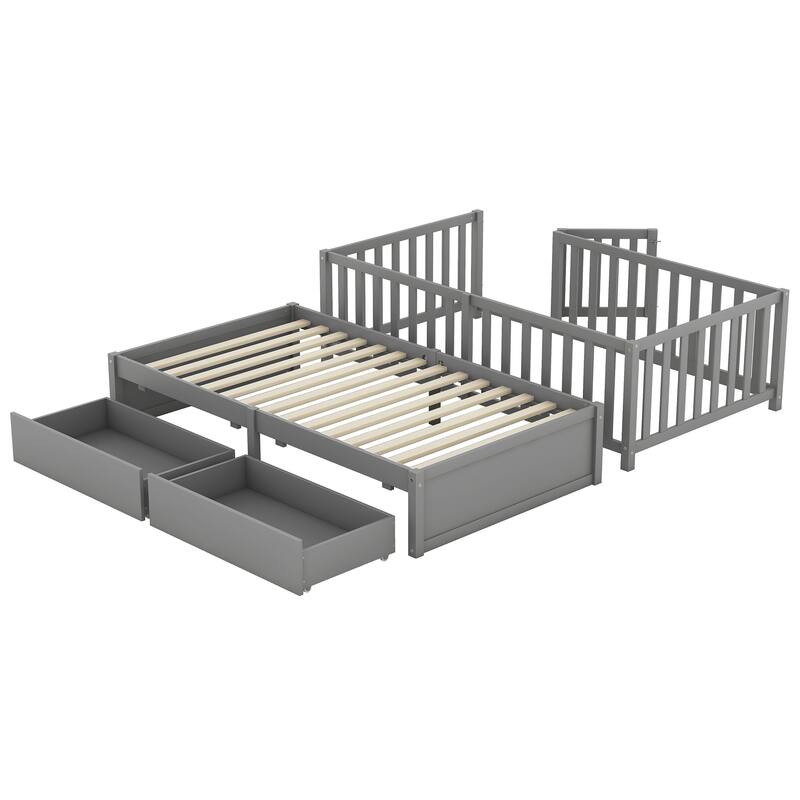 Modern Wood Daybed with Fence Guardrails and 2 Drawers