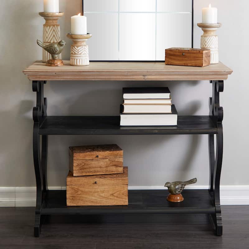 White Wood Scroll Side Frames 2 Shelf Console Table with Brown Wood Top - White or Black