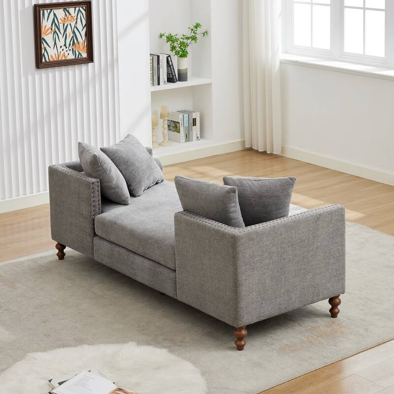 75.2"Wide Upholstered Chaise Lounge with Nailheads, Sleeper Sofa Couch With 4 Throw Pillows & 2 Bolsters, Rubberwood Legs