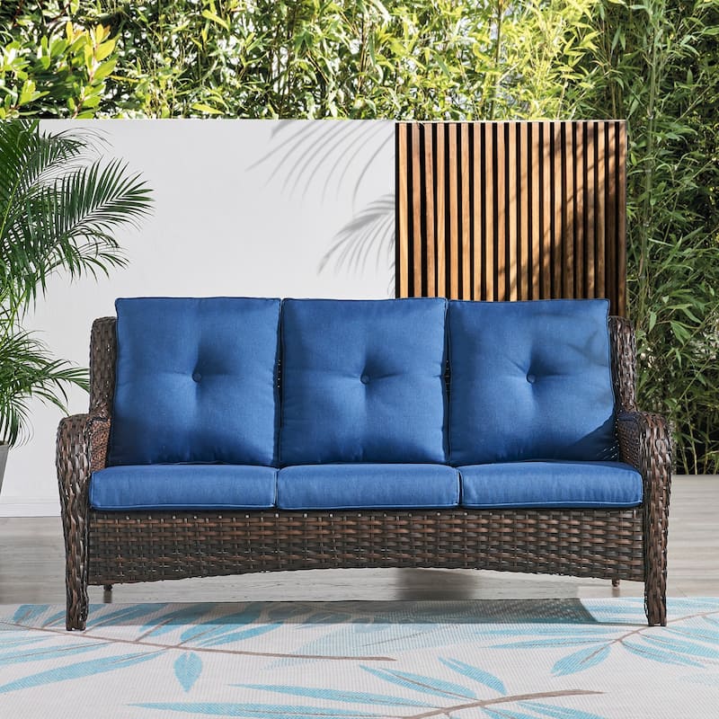 Pocassy Patio Outdoor 3-Seat Sofa with Cushion - Brown - Blue