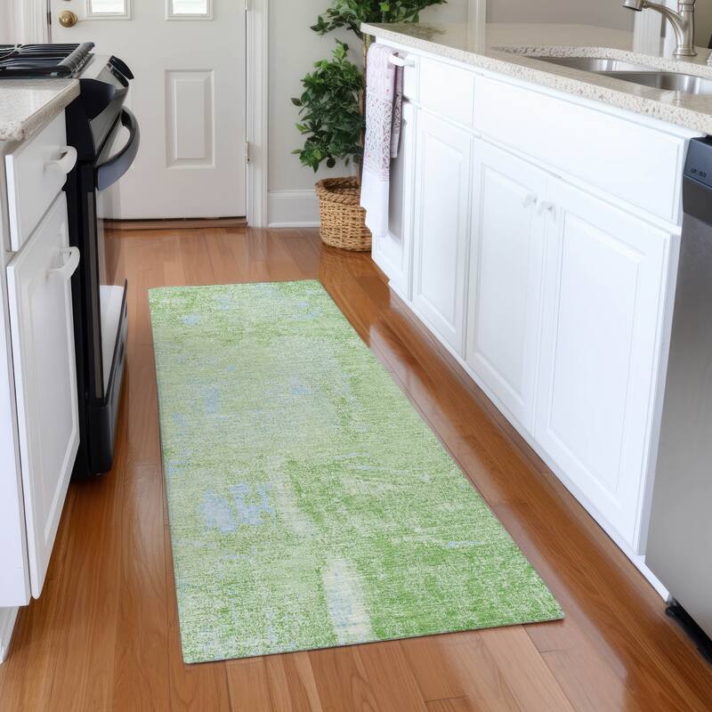 Machine Washable Indoor/ Outdoor Abstract Imprints Chantille Rug - Green - 2'3" x 7'6"