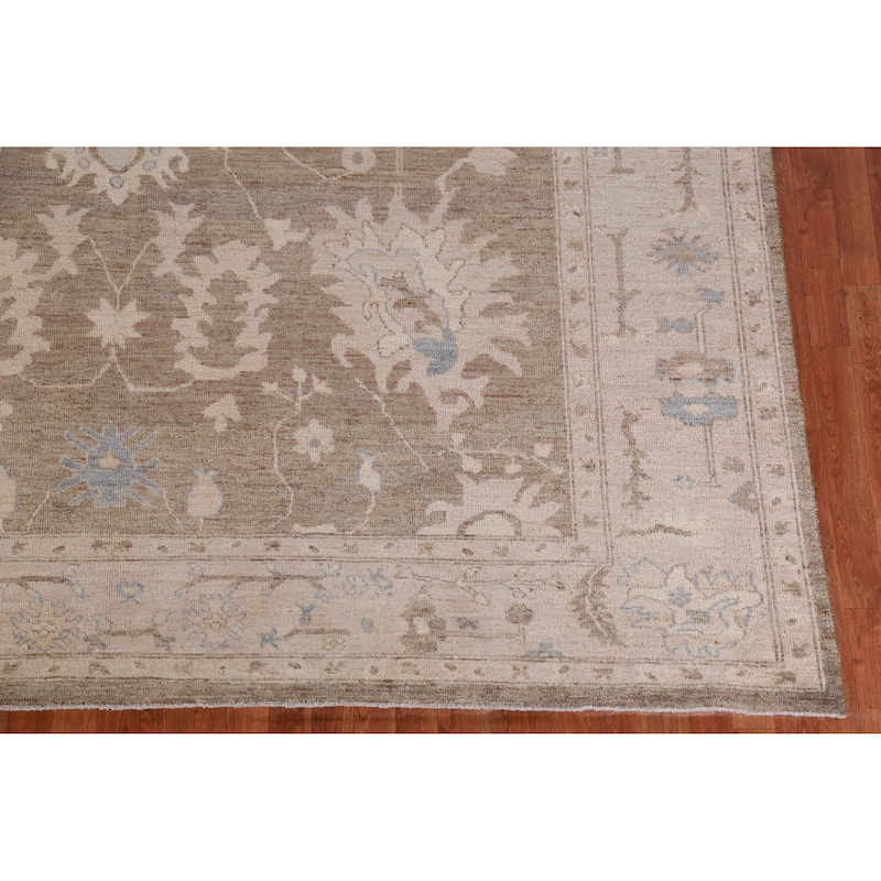 Hand Knotted Oriental 100% Wool Carpet Transitional Floral Brown Oushak Area Rug - 12' 0'' X 9' 4''