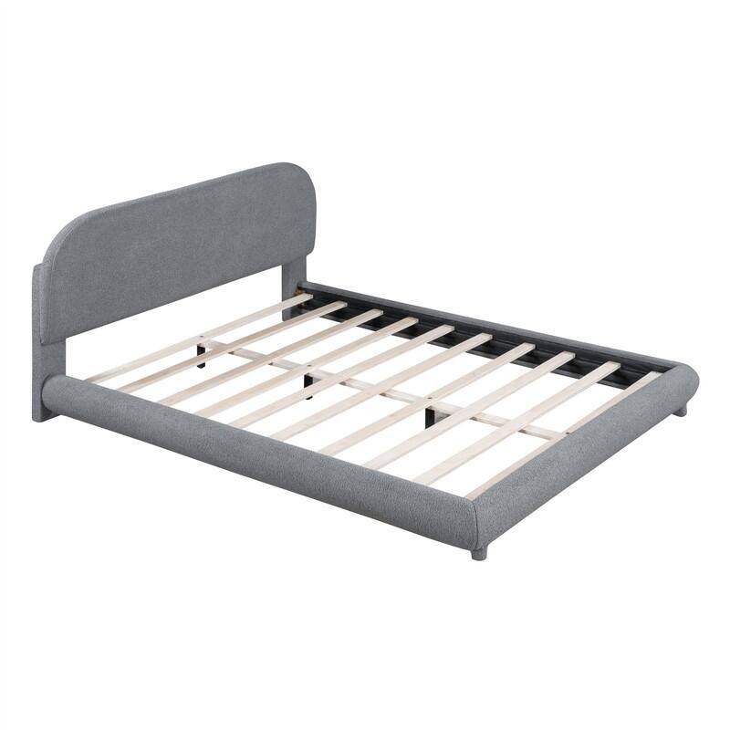 Full/Queen Size Teddy Fleece Upholstered Bed with Thick Fabric, Platform Bed Frame with Headboard & Stylish Curve-shaped Design