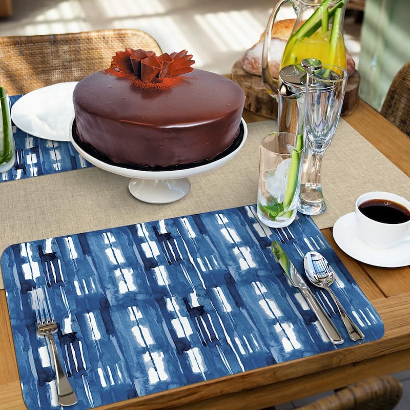Shibori Blues 4 Pack Reversible Easy Care Flexible Plastic Placemats Made in The USA BPA Free Easily Wipes Clean