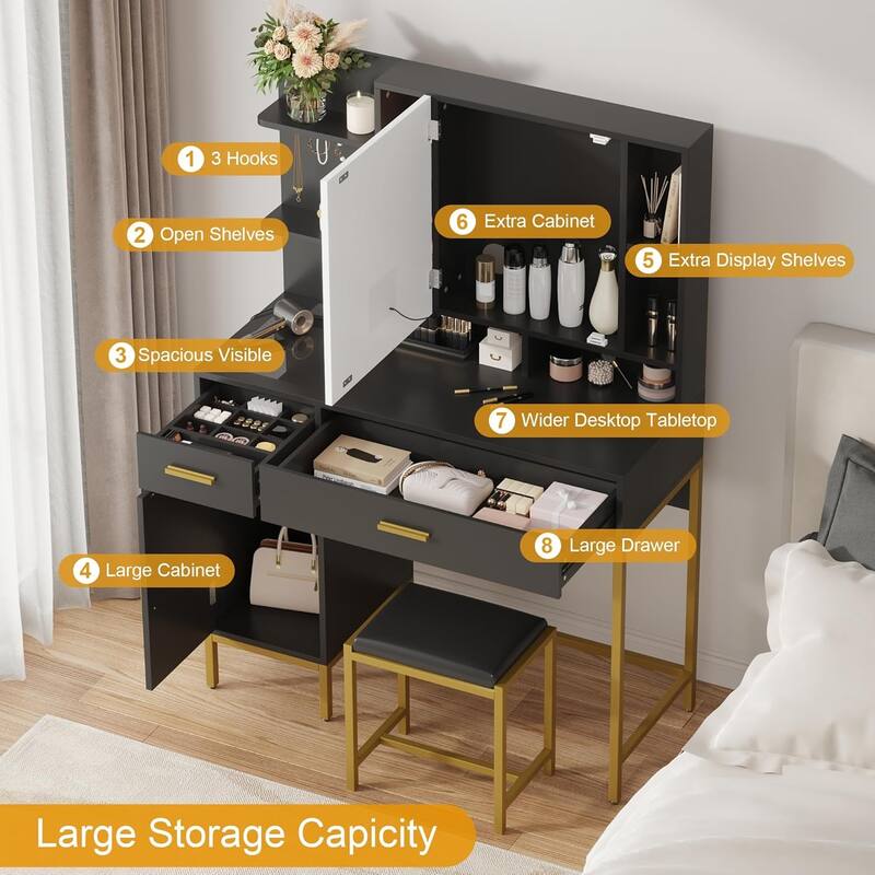 Makeup Vanity Table with Lighted Mirror, 3 Lighting Modes Adjustable with Soft Cushioned Stool, 2 Drawers