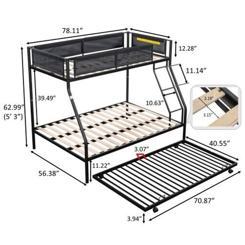 Twin Over Full Metal Bunk Bed Frames with Trundle Kids for Bedroom